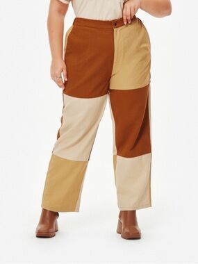 Cider Patchwork Wide-Leg Pants in Tan & Brown 4XL Artsy Streetwear Colorblock